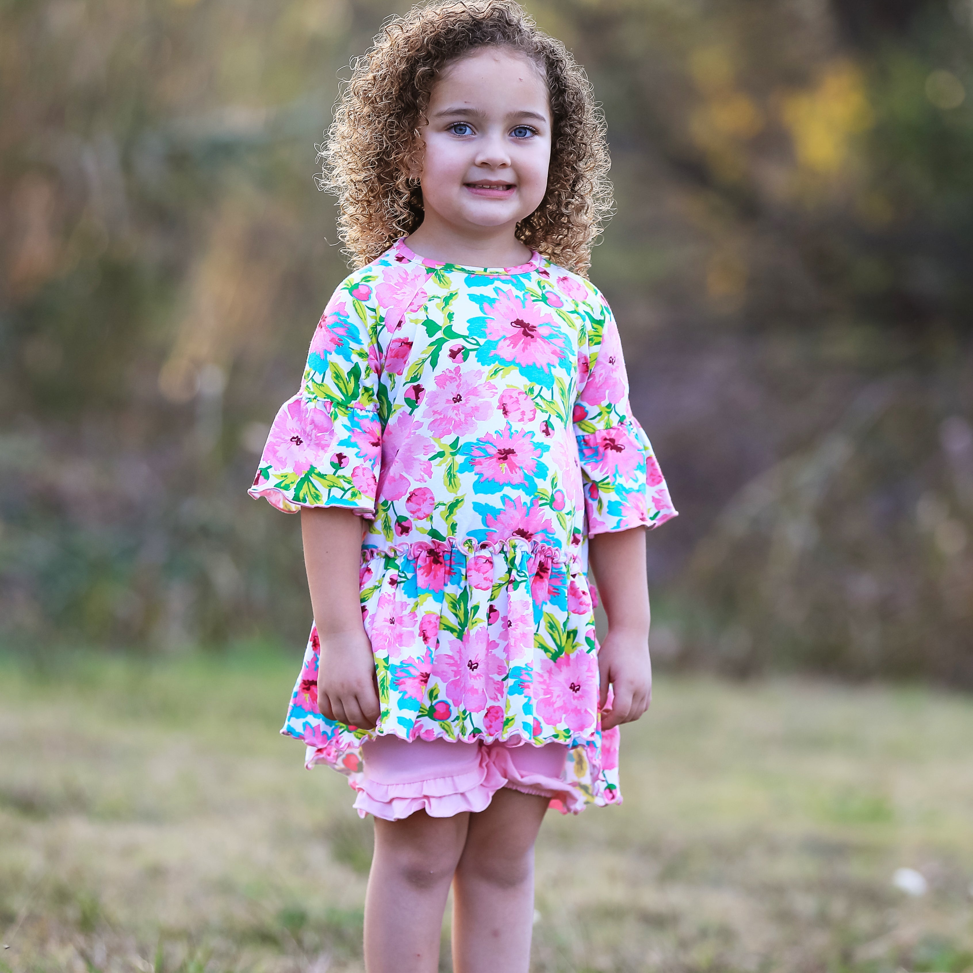 AnnLoren Little & Big Girls 3/4 Angel Sleeve Pink Green Big Floral Cotton  Knit Ruffle Shirt