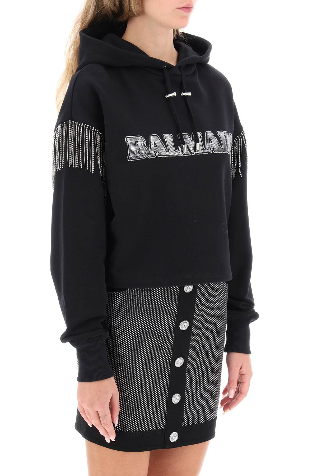 Balmain Cropped Hoodie With Rhinestone-Studded Logo And Crystal Cupchains-Balmain-Urbanheer