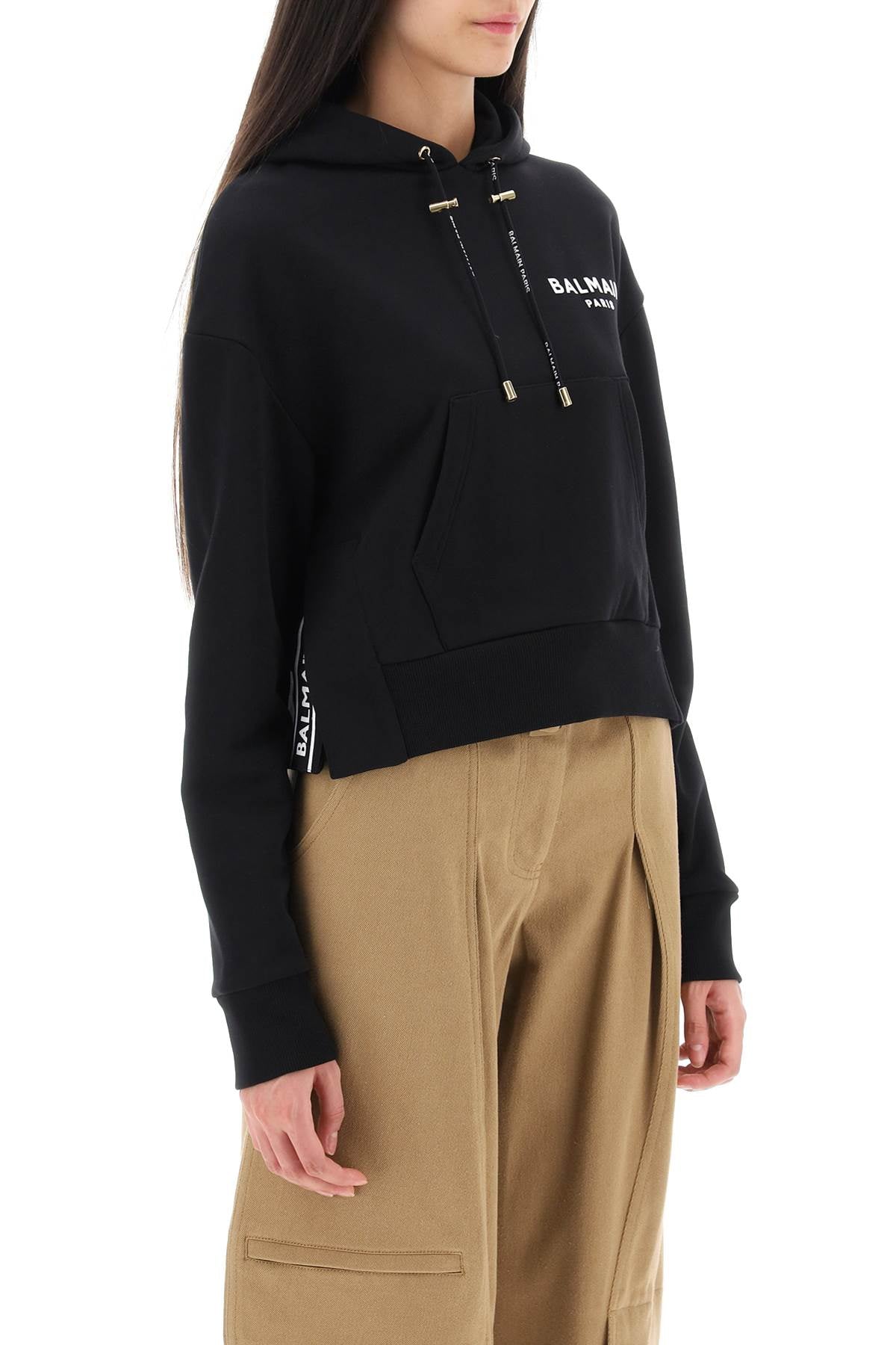 Balmain Cropped Sweatshirt With Flocked Logo Print-Balmain-Urbanheer