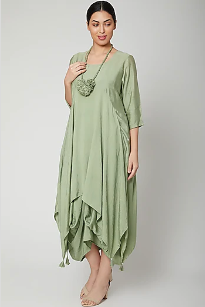 Nadia - Light Green Cowl Dress With Neck Piece-Dress-Bohame-Urbanheer