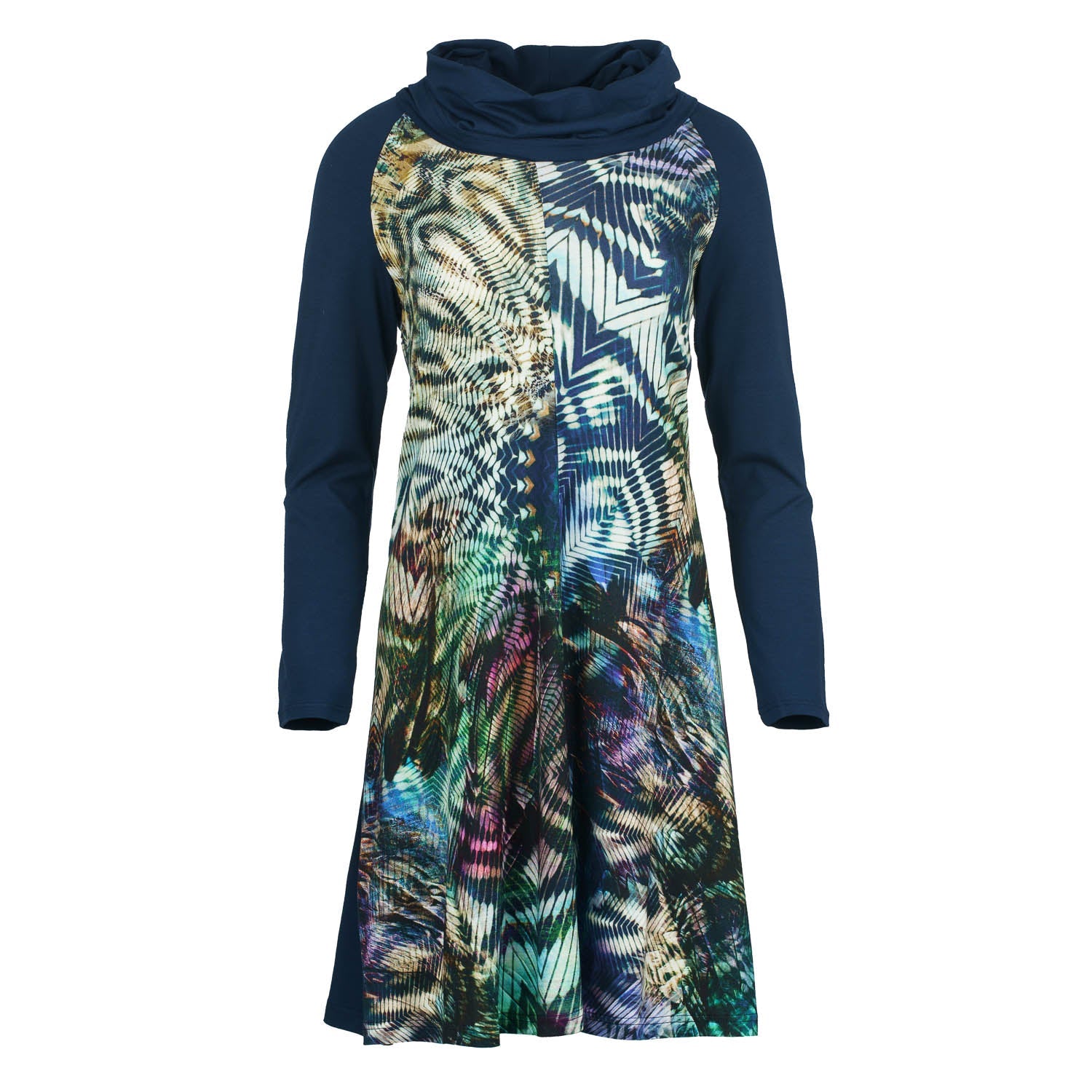 A Line Turtle Neck Dress In Print And Solid Colour Stretch Jersey Fabric-Dress-Conquista-40-Urbanheer