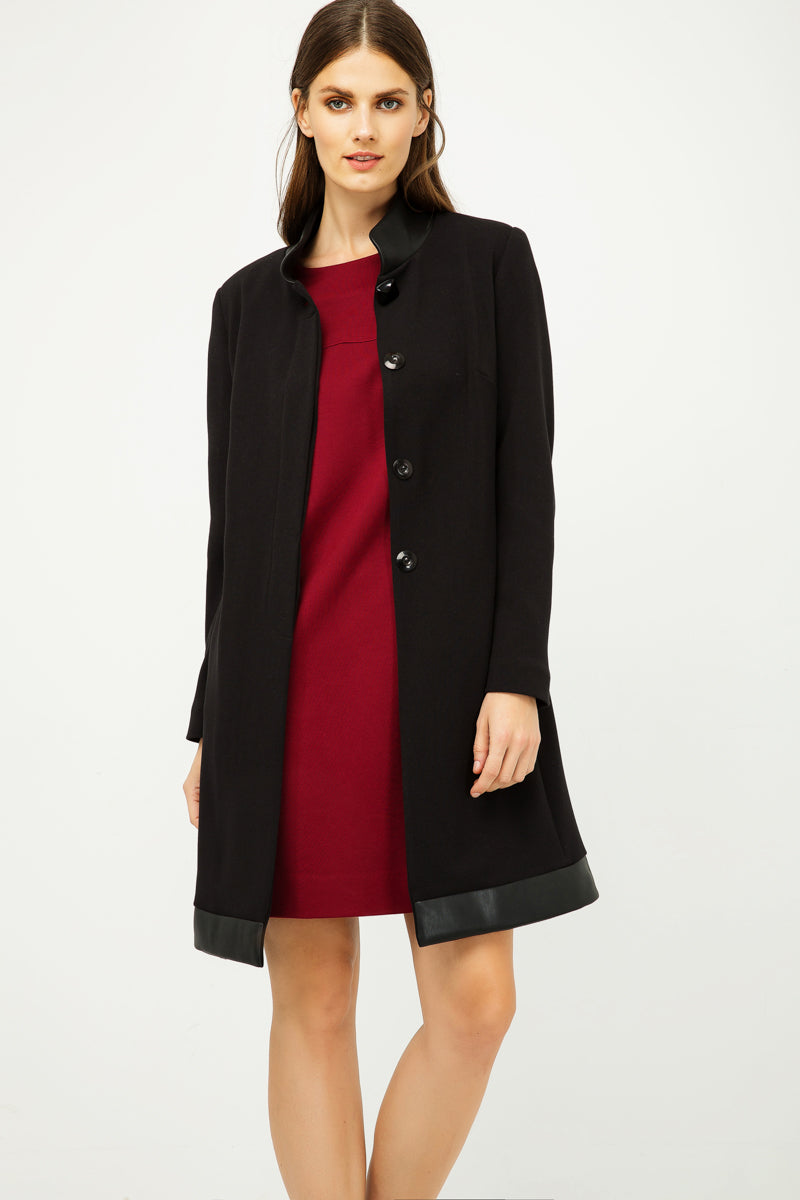 Black Coat with Pleather Detail-Conquista-Urbanheer