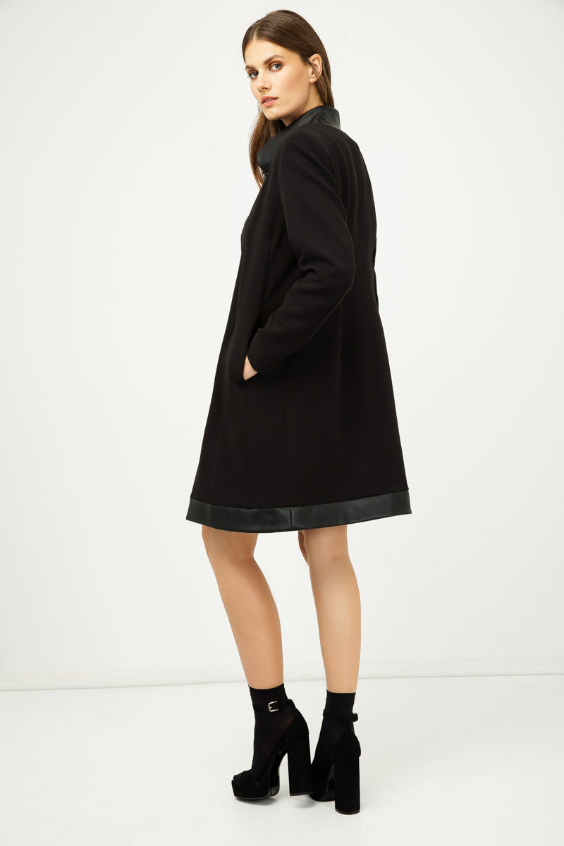 Black Coat with Pleather Detail-Conquista-Urbanheer