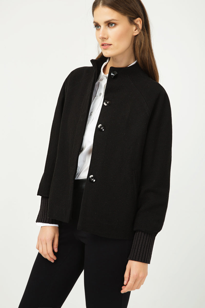 Woollen Black Short Jacket with Knit Cuffs-Conquista-Urbanheer