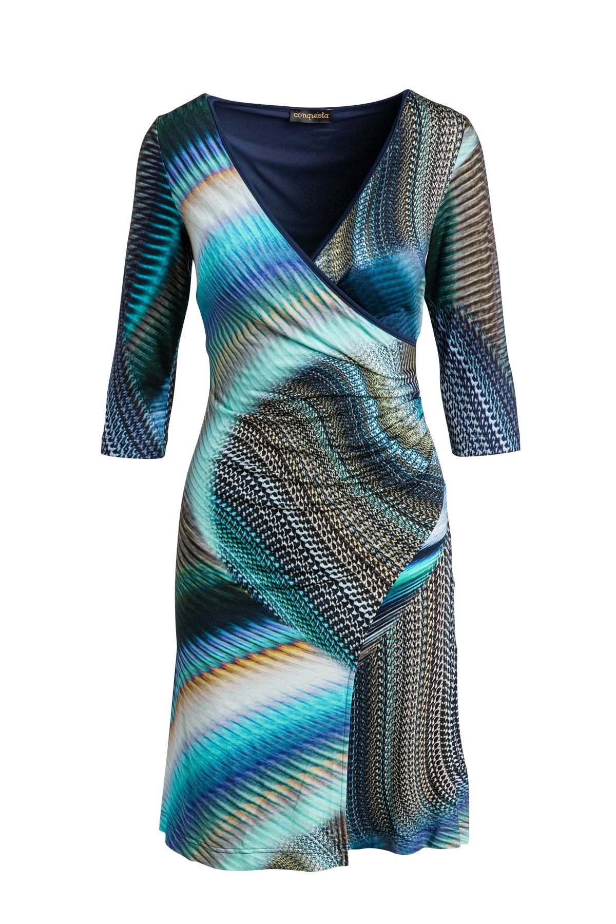 Print Jersey Faux Wrap Dress In Petrol-Dresses-Conquista-Urbanheer