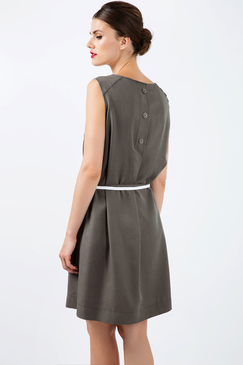 Khaki Colour Straight Dress With Belt-Conquista-38-Urbanheer