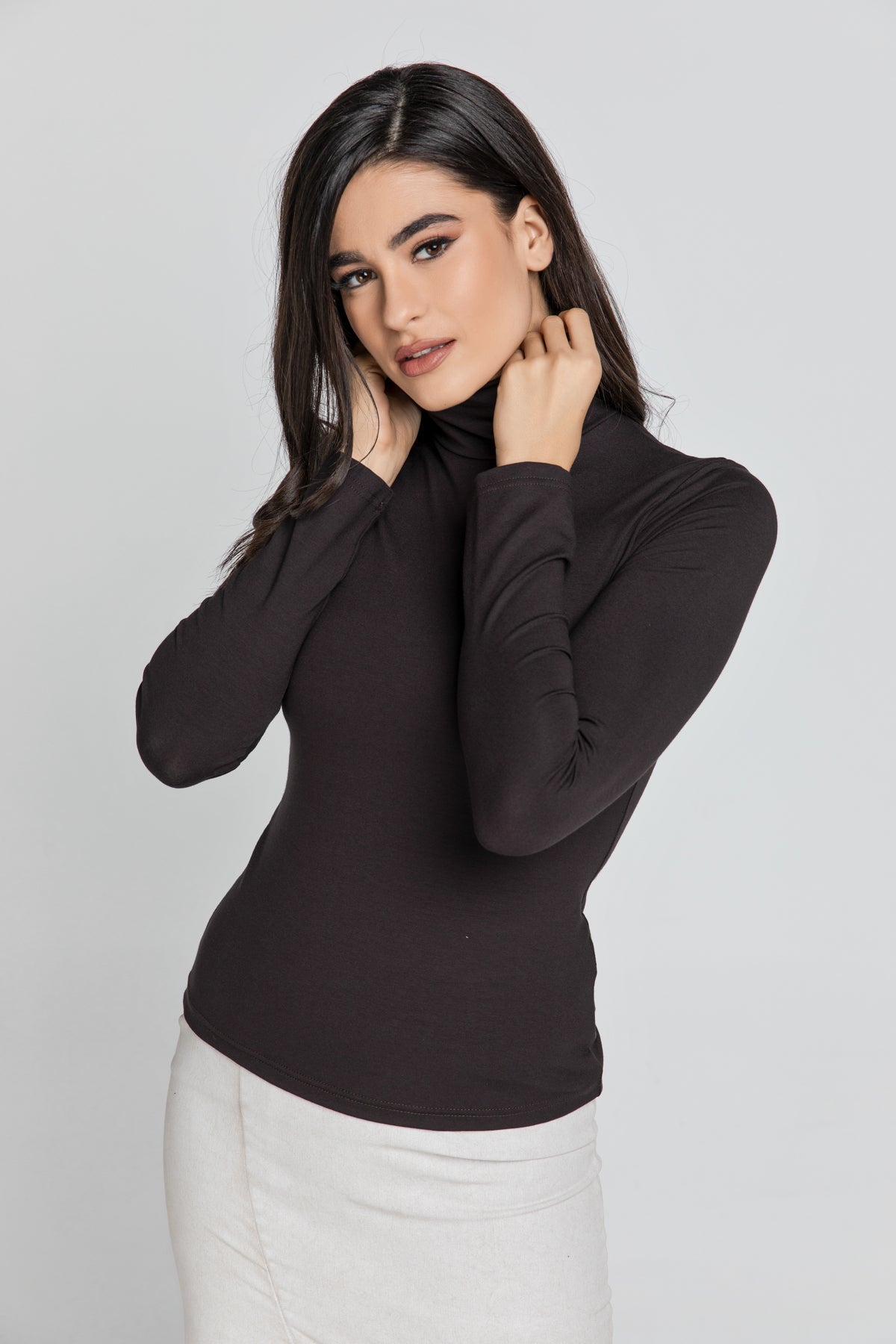 Dark Brown Turtle Neck Top By Conquista-Tops-Conquista-Urbanheer