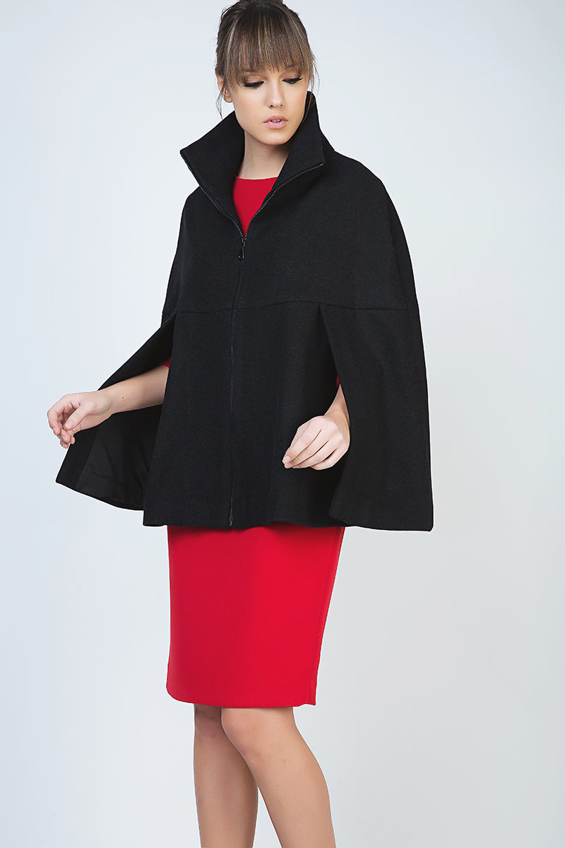 Black Winter Cape In Woven Fabric-Conquista-38-Urbanheer