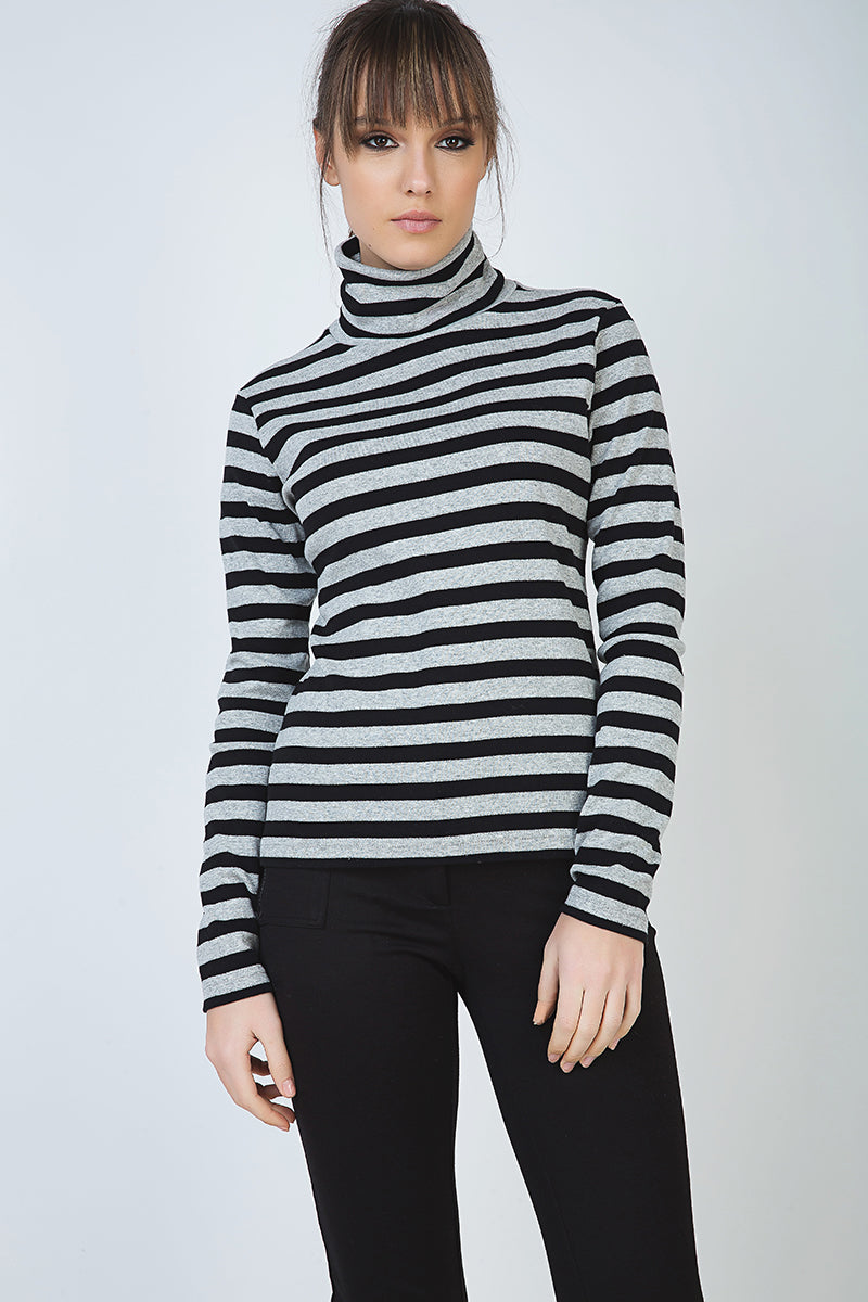 Striped Black And Grey Polo Neck Jumper-Conquista-Urbanheer