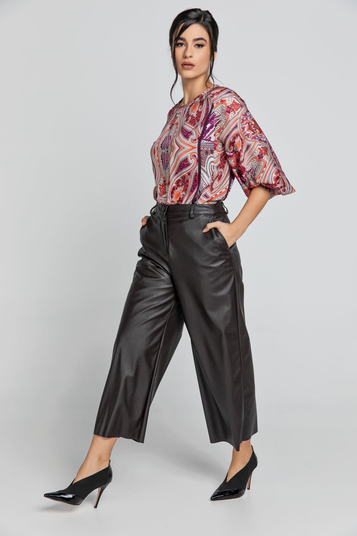 Dark Brown Faux Leather Culottes-TROUSERS-Conquista-Urbanheer