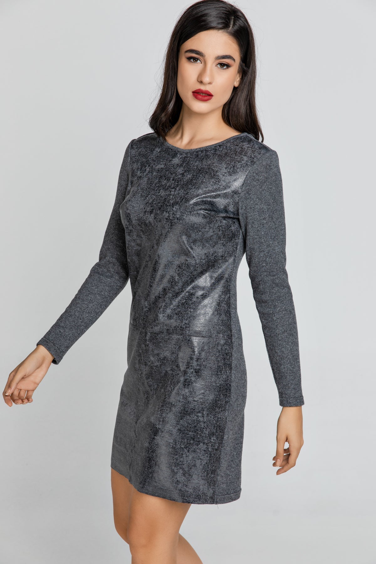 Dark Grey Dress With Faux Leather Front-Conquista-Urbanheer