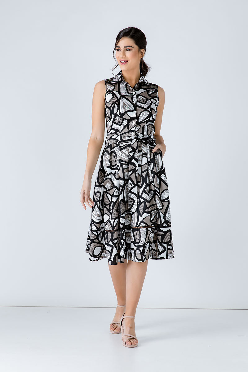 Black Print Dress with Belt-Conquista-Urbanheer