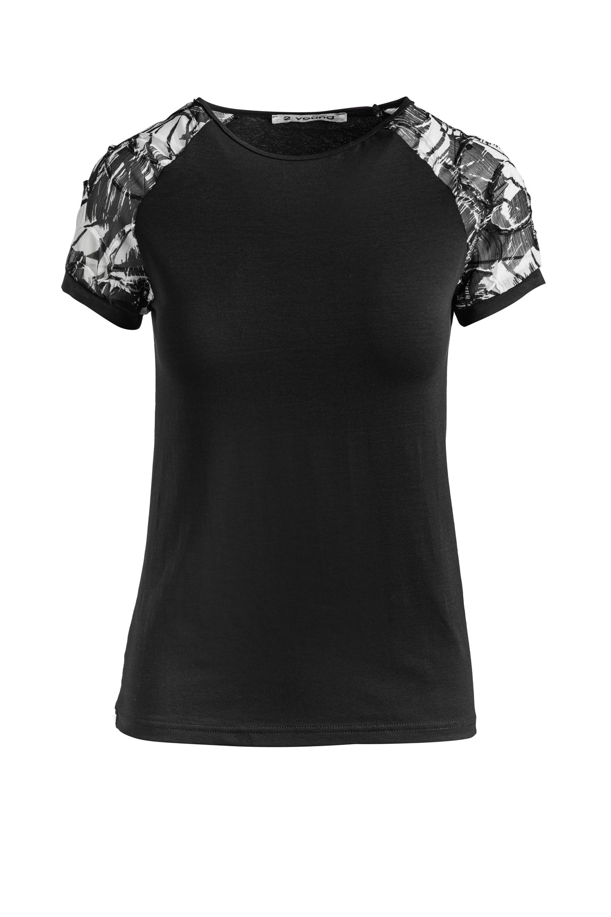 Black Top With Net Jacquard Sleeves In Stretch Jersey Sustainable Fabric-Tops-Conquista-Urbanheer