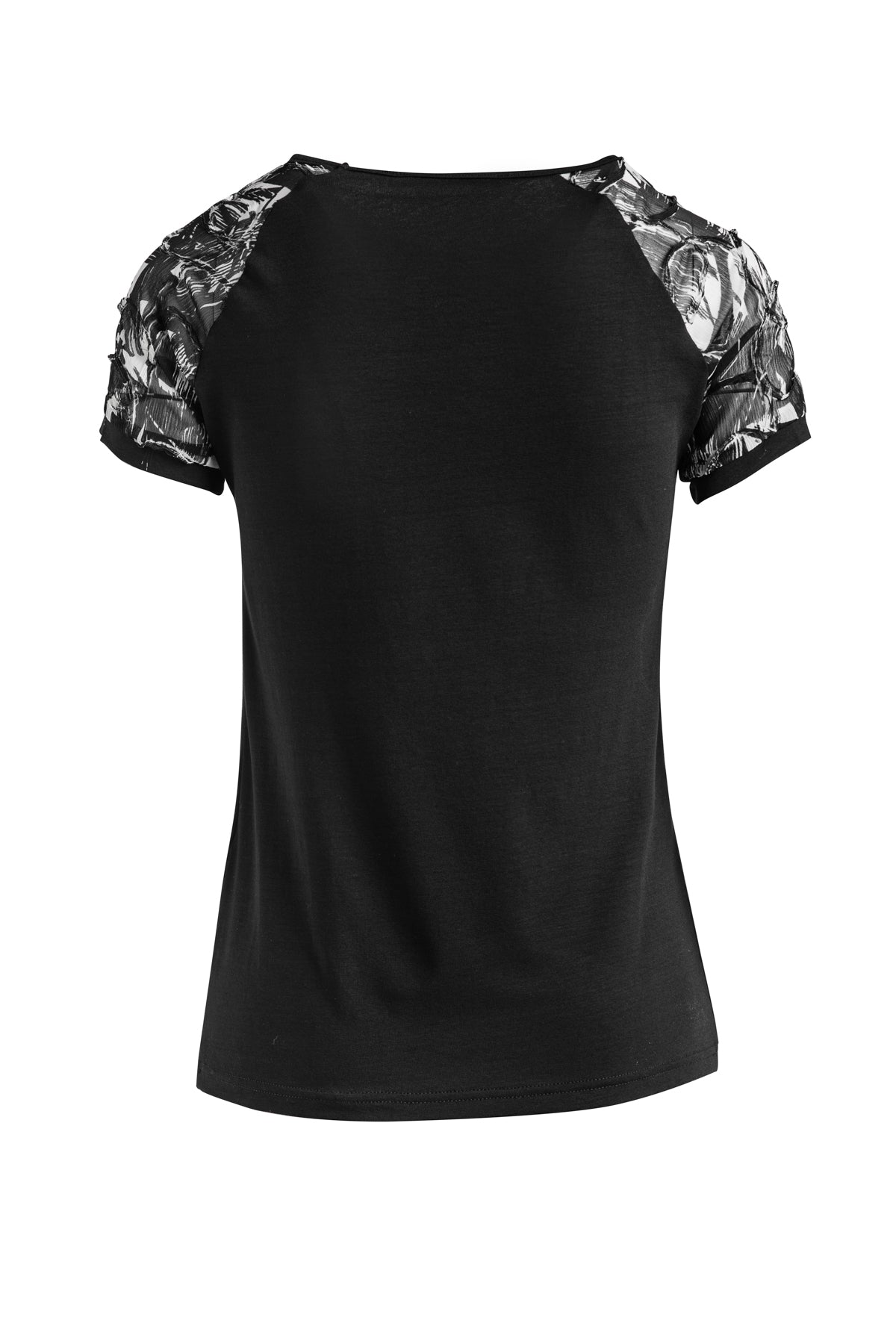 Black Top With Net Jacquard Sleeves In Stretch Jersey Sustainable Fabric-Tops-Conquista-Urbanheer