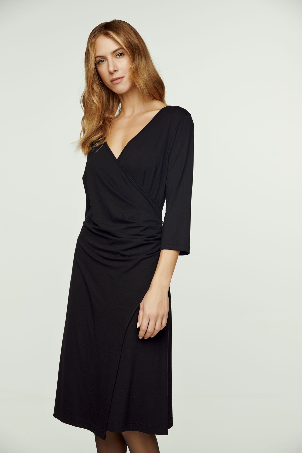 Black Faux Wrap Dress in Sustainable Fabric-Conquista-Urbanheer