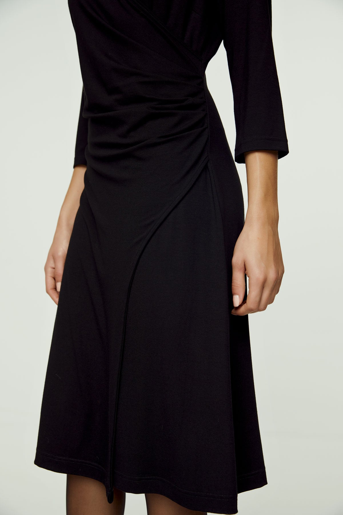 Black Faux Wrap Dress in Sustainable Fabric-Conquista-Urbanheer