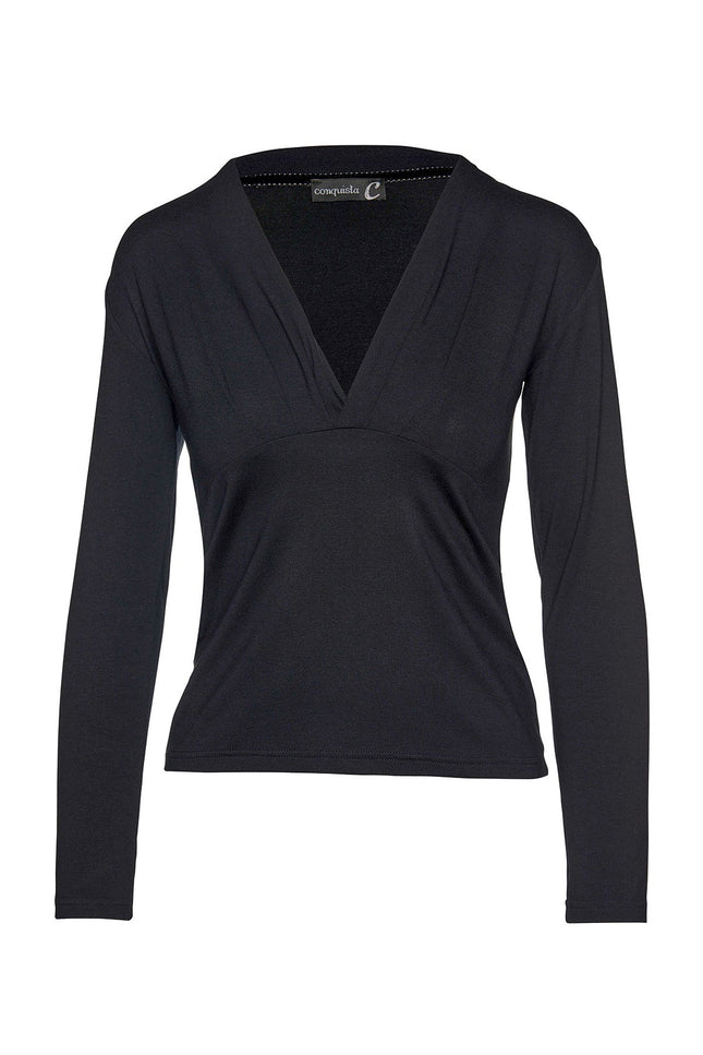 Black Long Sleeve Faux Wrap Top in Stretch Jersey Sustainable Fabric-Conquista-Urbanheer
