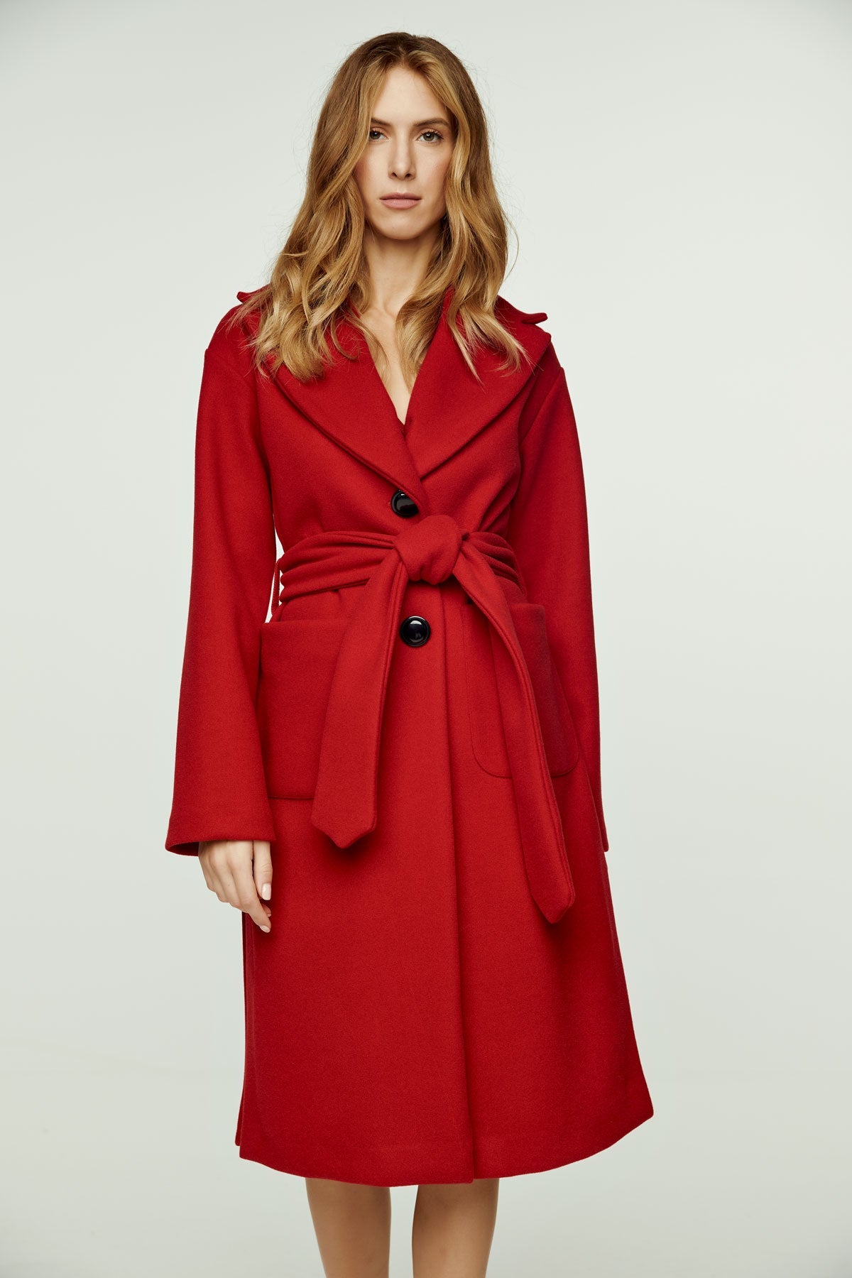 Long Dark Red Faux Mouflon Coat With Belt-Conquista-Urbanheer