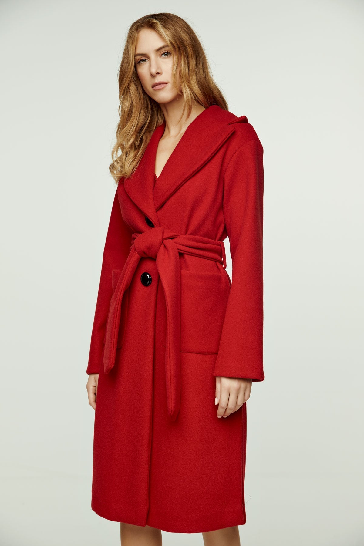 Long Dark Red Faux Mouflon Coat With Belt-Conquista-Urbanheer