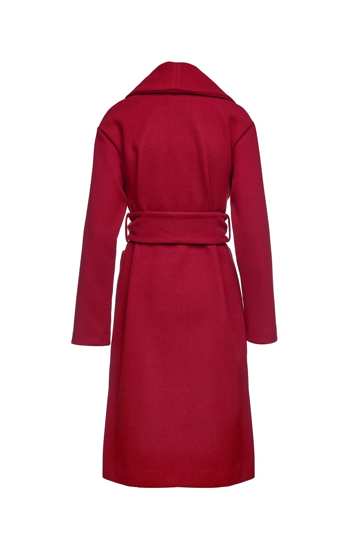 Long Dark Red Faux Mouflon Coat With Belt-Conquista-Urbanheer