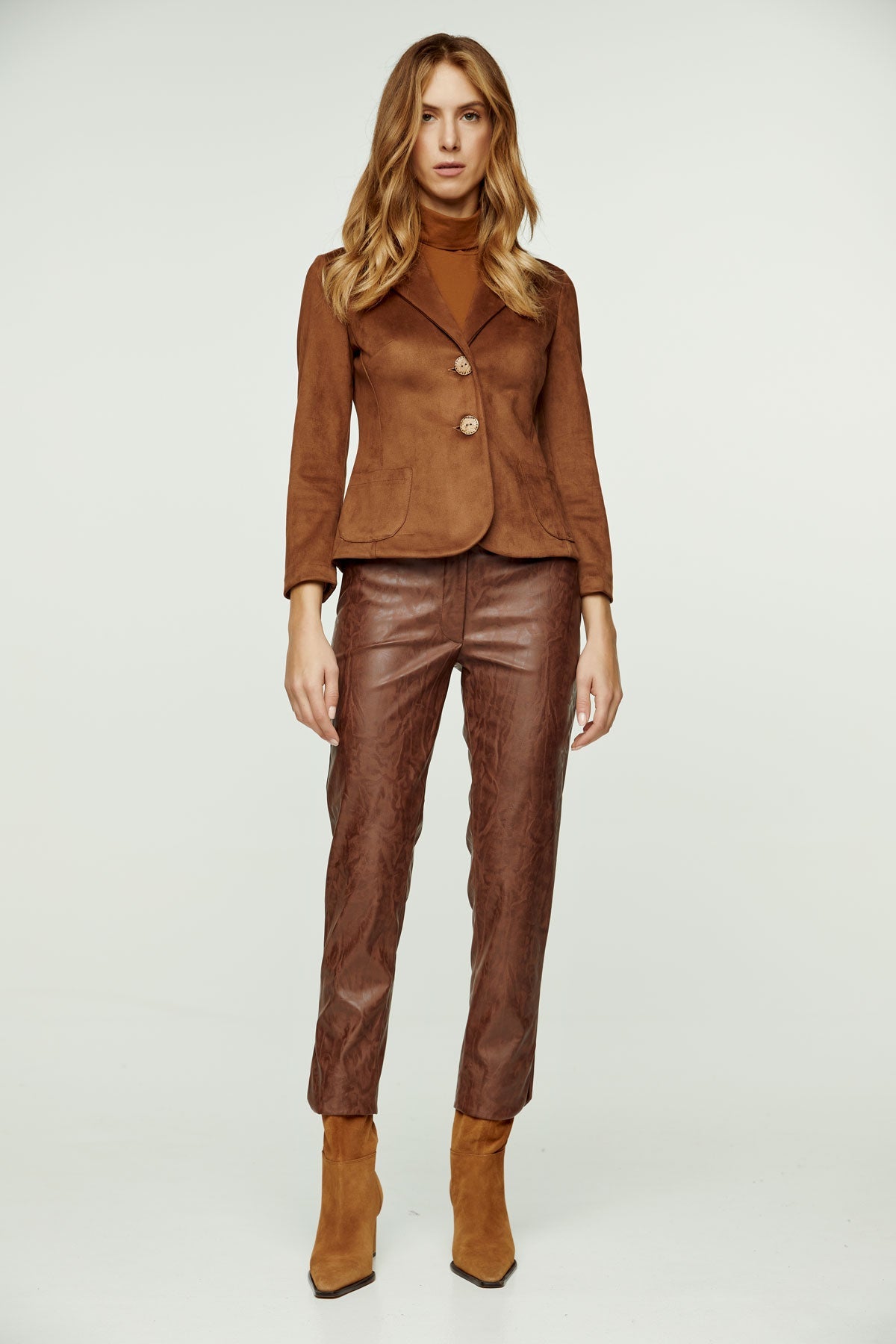 Chocolate Brown Faux Moiré Leather 7/8 Pants-Conquista-Urbanheer