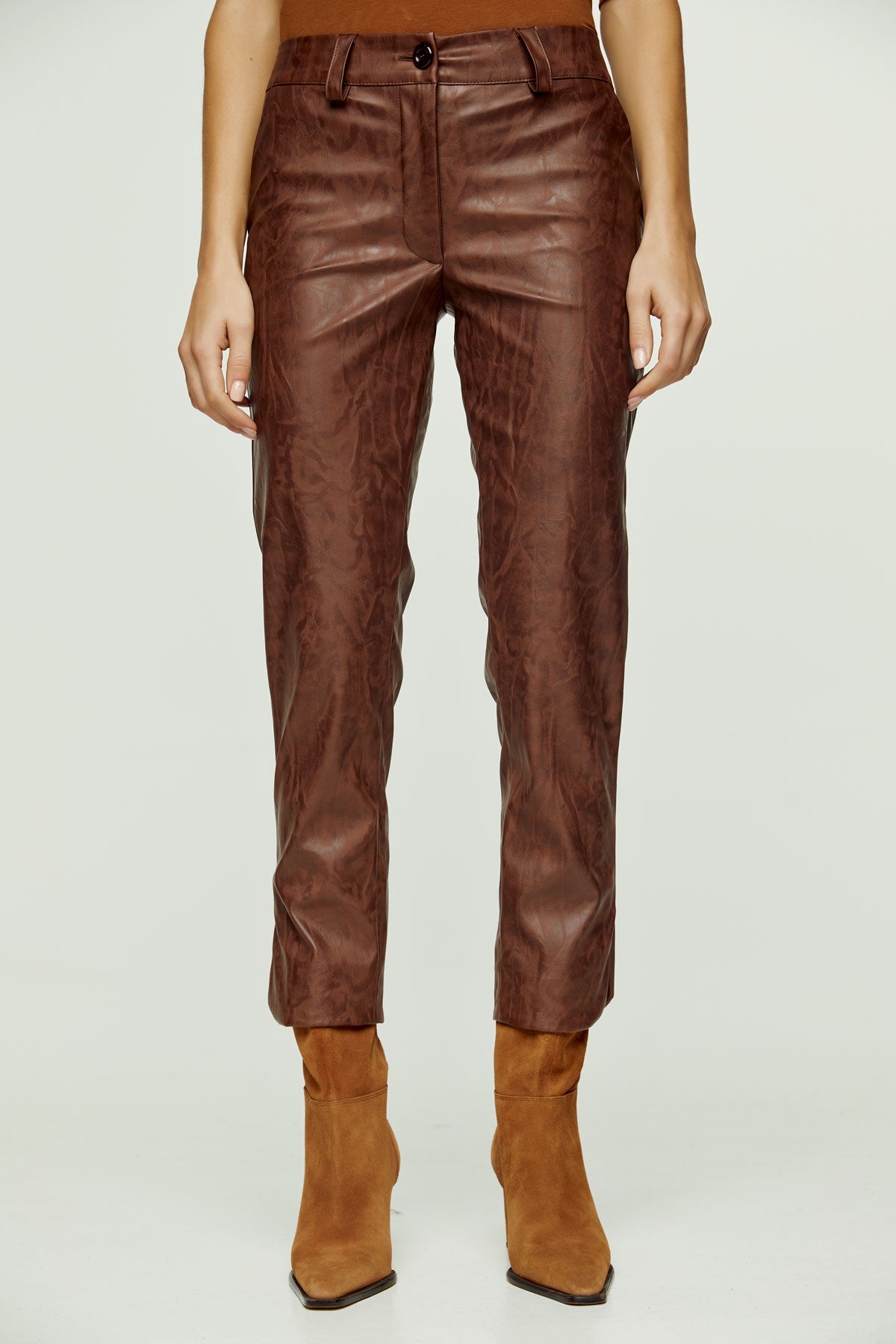 Chocolate Brown Faux Moiré Leather 7/8 Pants-Conquista-Urbanheer