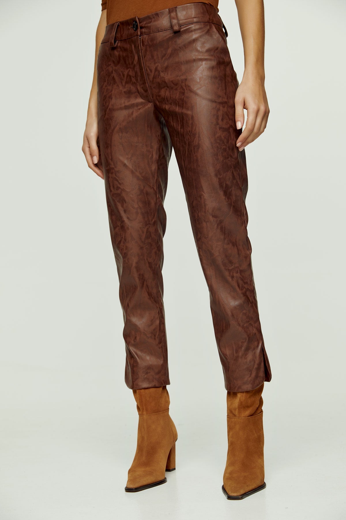 Chocolate Brown Faux Moiré Leather 7/8 Pants-Conquista-Urbanheer