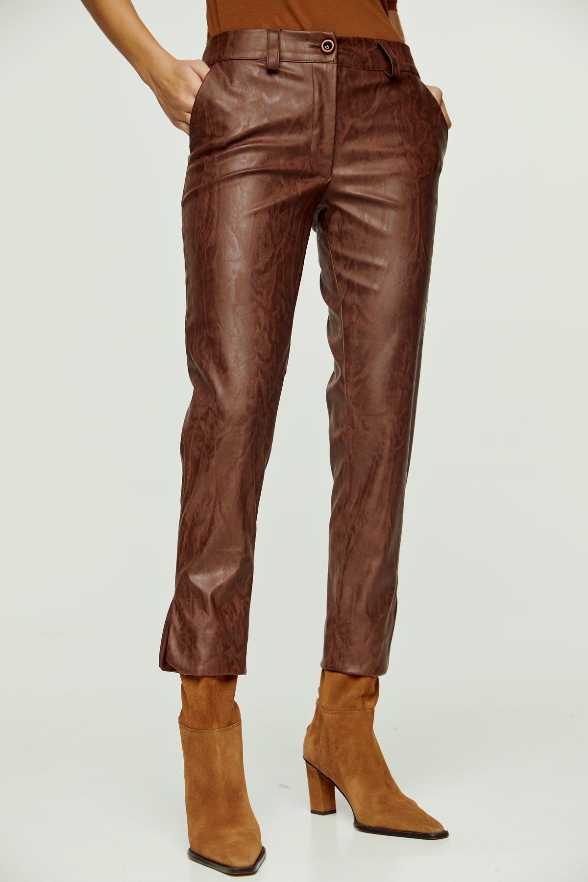 Chocolate Brown Faux Moiré Leather 7/8 Pants-Conquista-Urbanheer