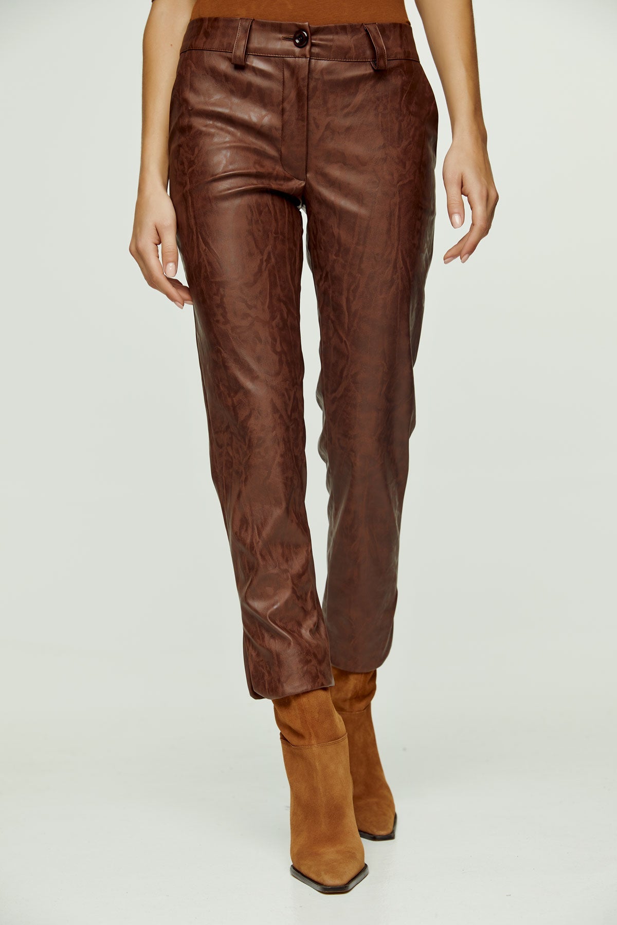 Chocolate Brown Faux Moiré Leather 7/8 Pants-Conquista-Urbanheer