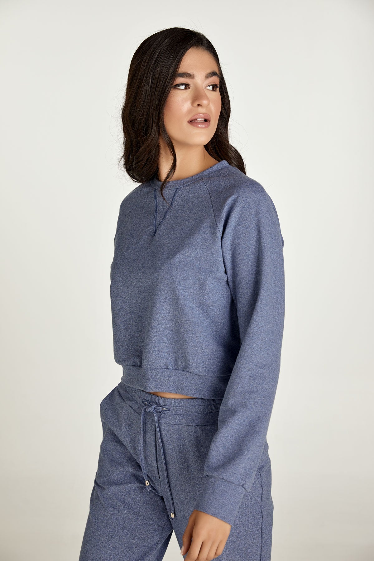 Crop Indigo Mélange Sweatshirt-Tops-Conquista-Urbanheer