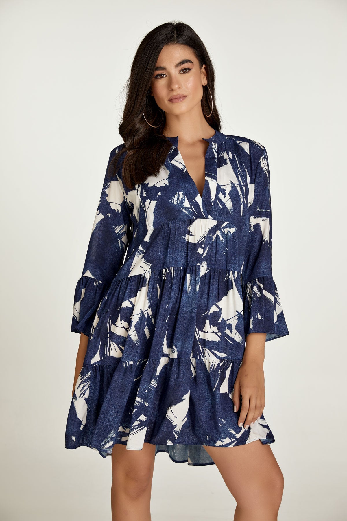 Navy and White A Line Dress with Bell Sleeves-Conquista-Urbanheer