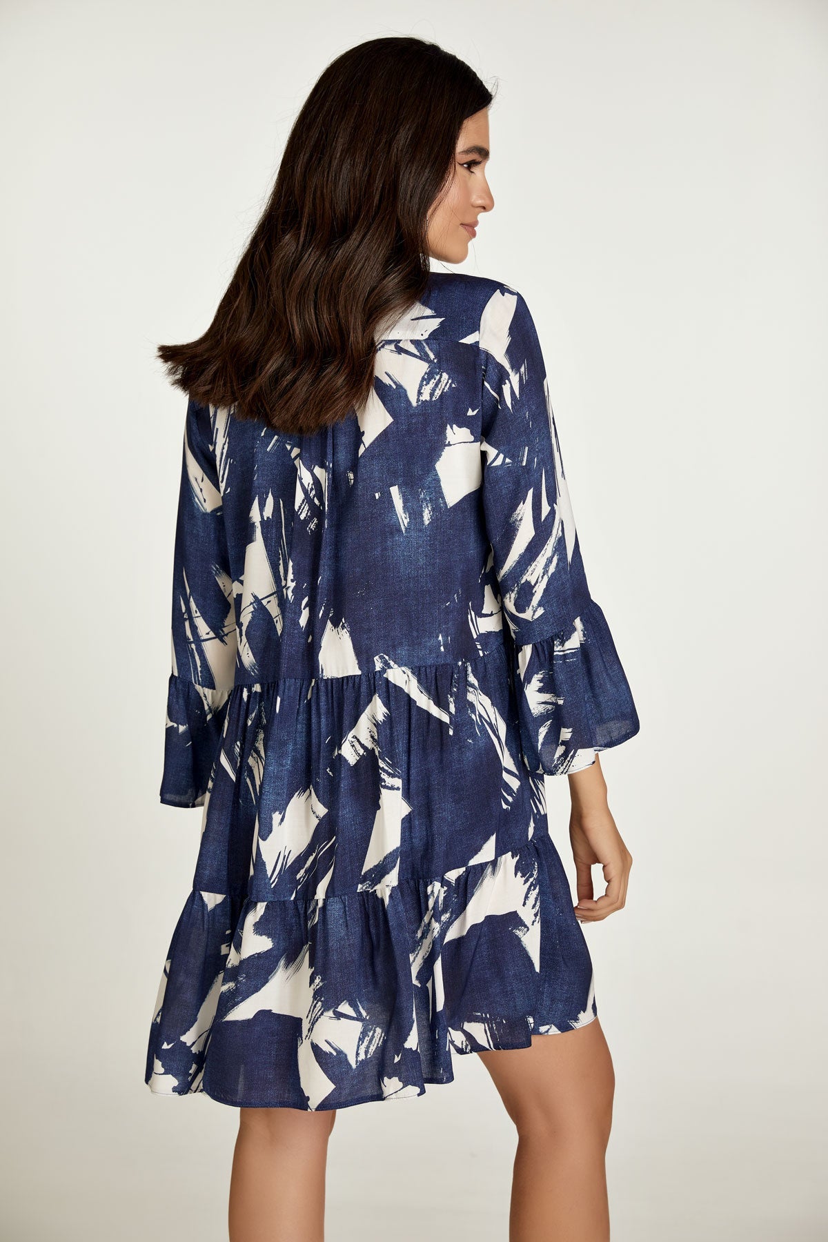 Navy and White A Line Dress with Bell Sleeves-Conquista-Urbanheer