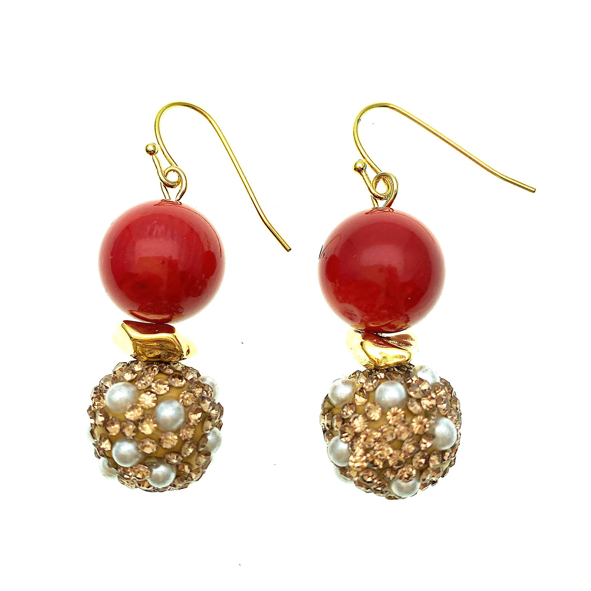 Red Coral With Rhinestones Bordered Pearls Earrings Fe006-earrings-FARRA-Jewelry-Urbanheer