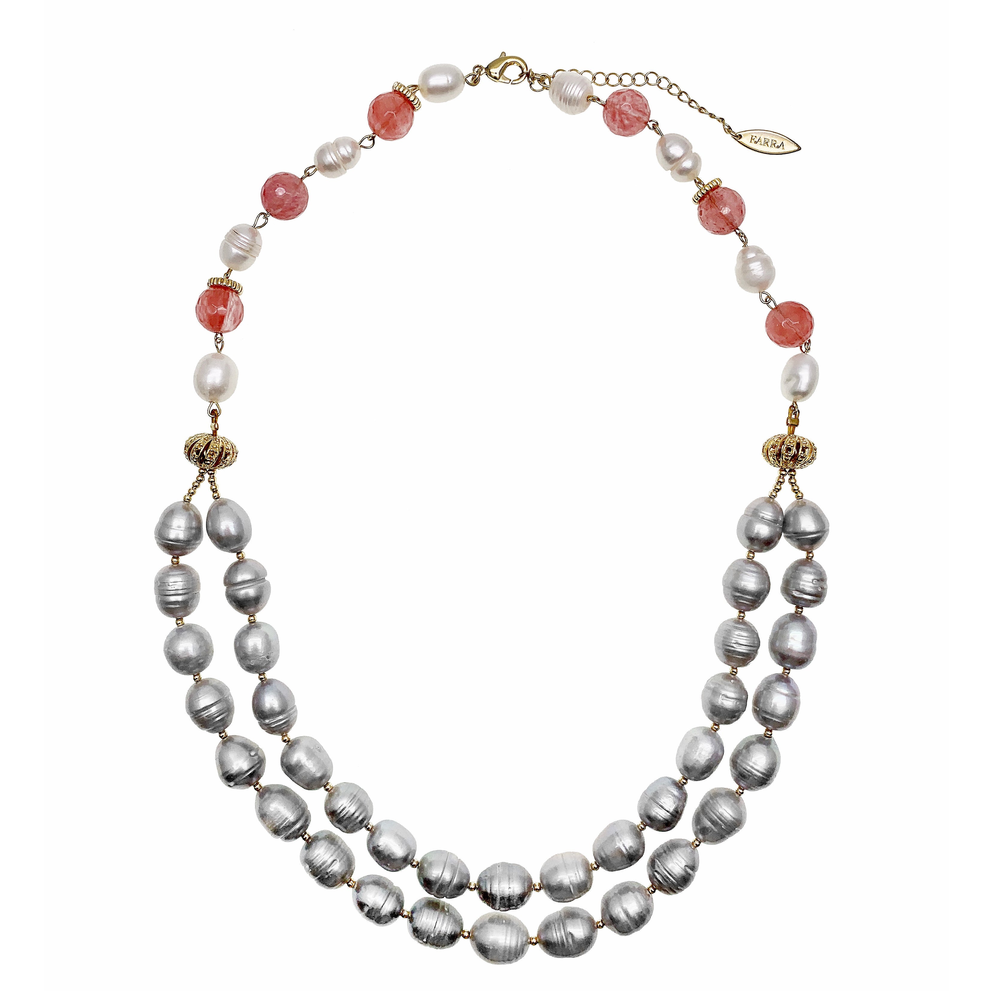 Grey Freshwater Pearls With Watermelon Quartz Double Strands Necklace Gn002-Jewelry-FARRA-Jewelry-Urbanheer