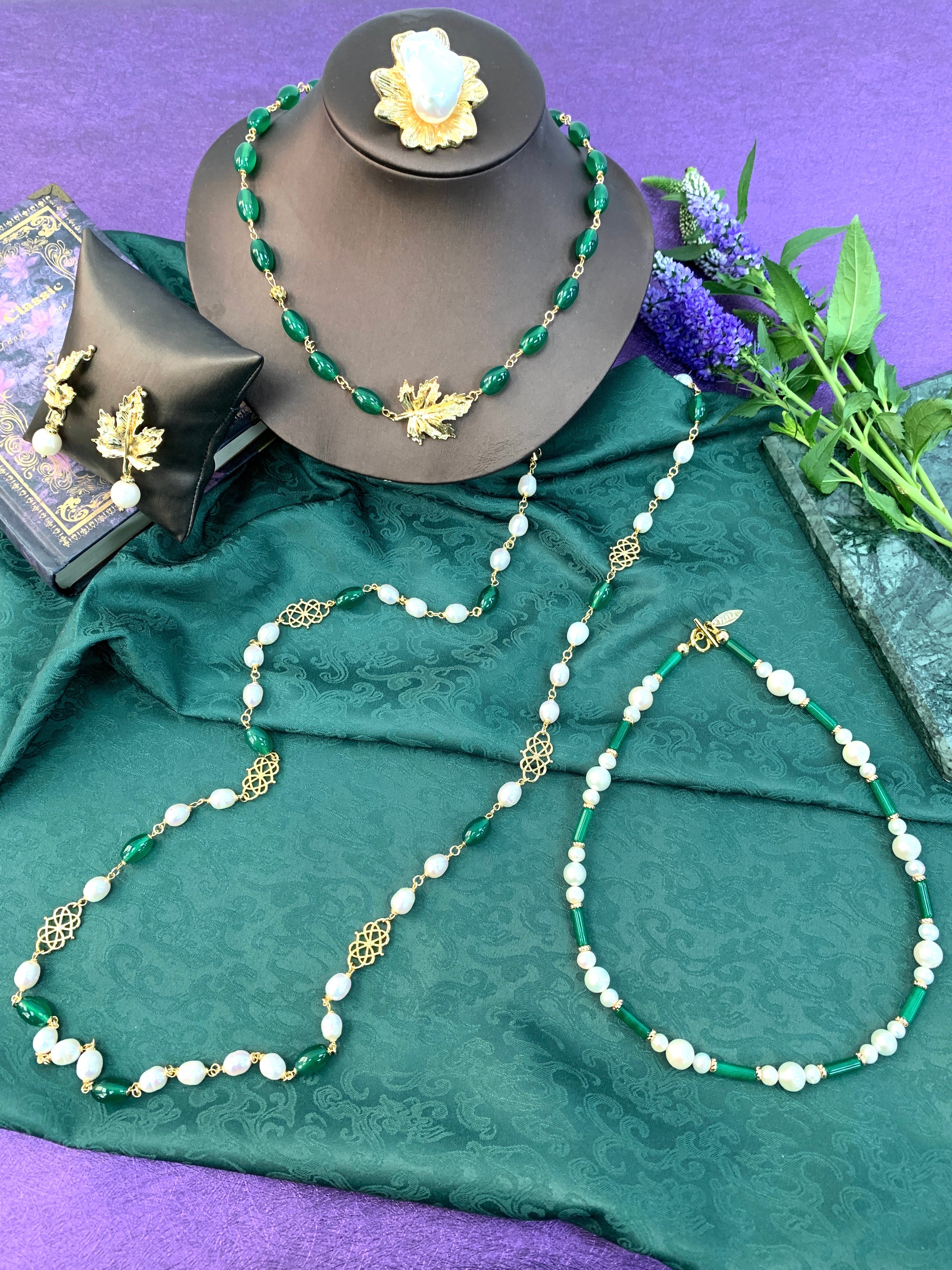 Freshwater Pearls With Green Agate Long Necklace Hn006-Jewelry-FARRA-Jewelry-Urbanheer