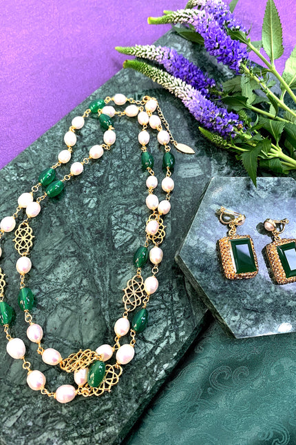 Freshwater Pearls With Green Agate Long Necklace Hn006-Jewelry-FARRA-Jewelry-Urbanheer