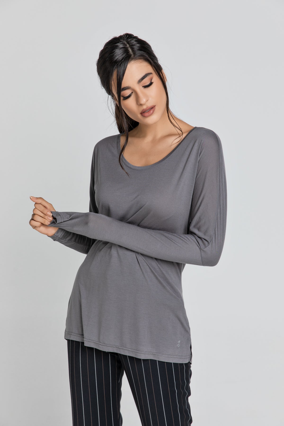 Dark Grey Top With Long Batwing Sleeves-Tops-Conquista-Urbanheer