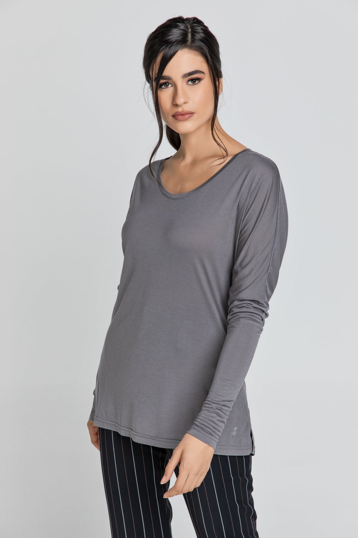 Dark Grey Top With Long Batwing Sleeves-Tops-Conquista-Urbanheer