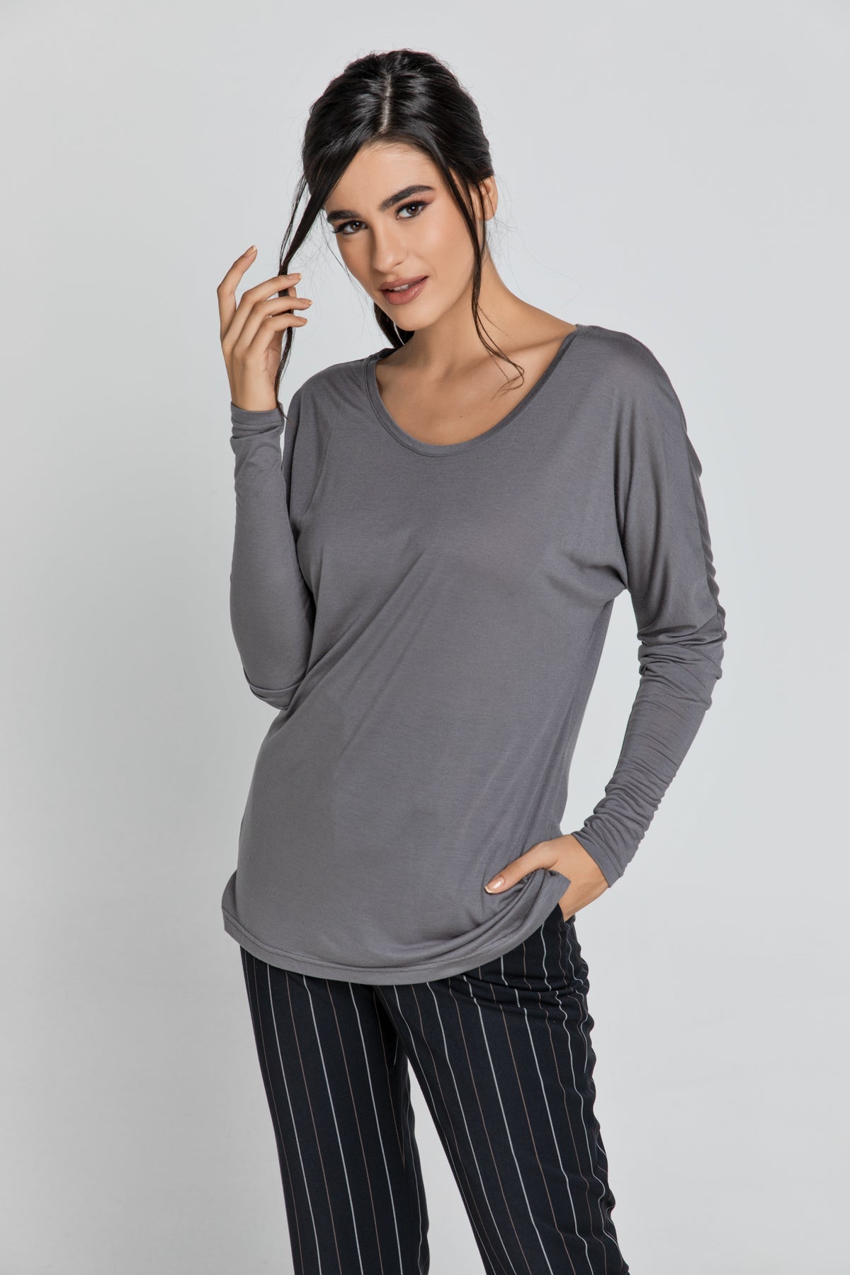 Dark Grey Top With Long Batwing Sleeves-Tops-Conquista-Urbanheer