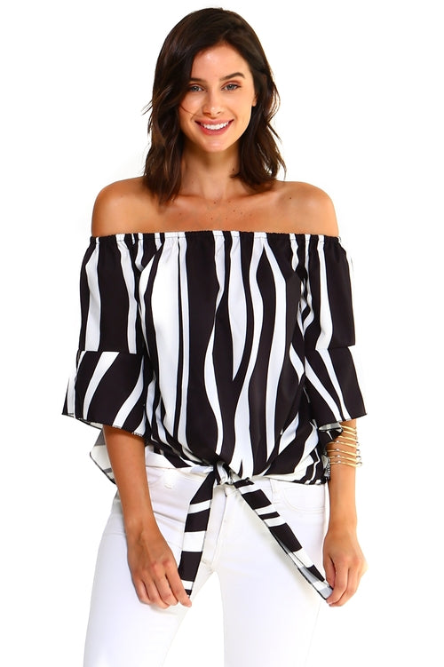 Women's Strapless Striped Bandage Blouse-Ivory Felix-Large-Black-Urbanheer