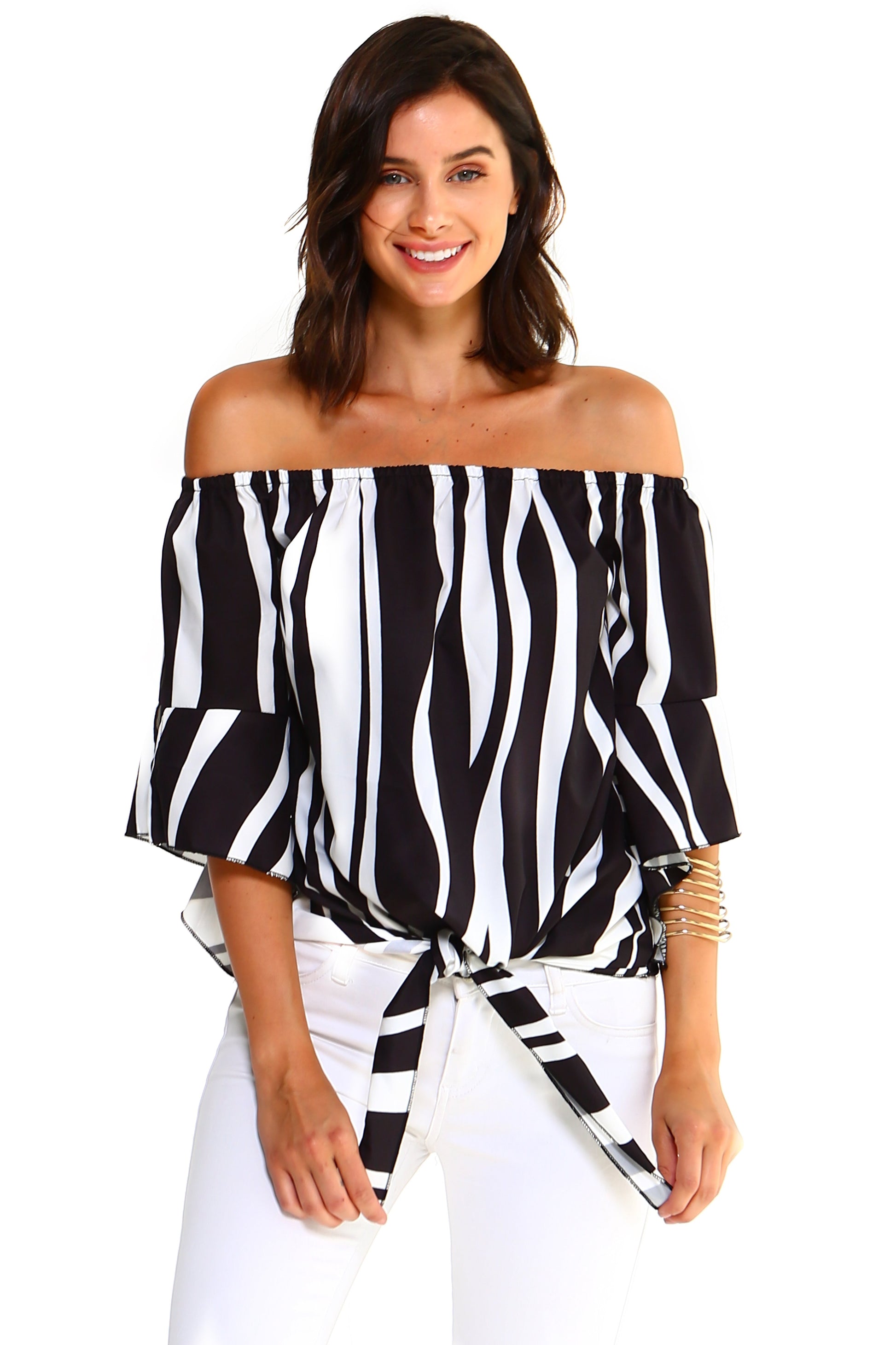 Women's Strapless Striped Bandage Blouse-Ivory Felix-Urbanheer