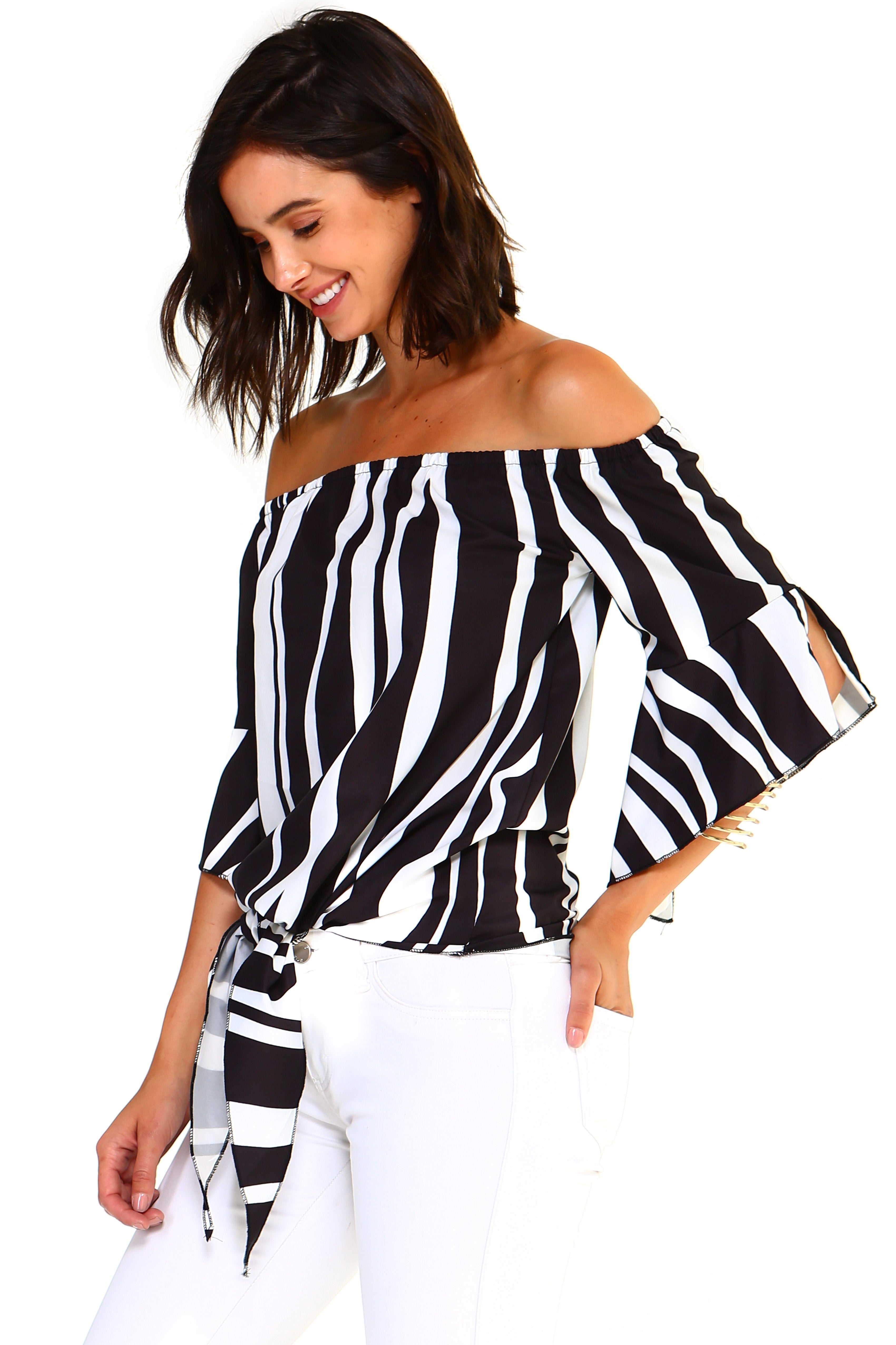 Women's Strapless Striped Bandage Blouse-Ivory Felix-Urbanheer