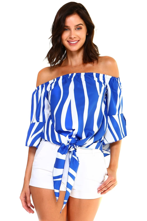 Women's Strapless Striped Bandage Blouse-Ivory Felix-Large-Blue-Urbanheer