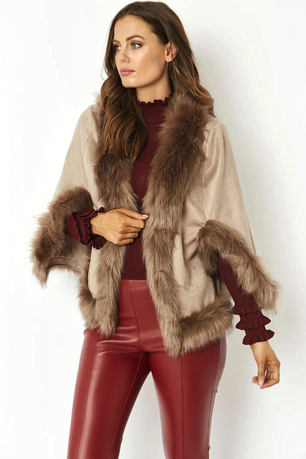 Mocha Faux Fur Suede Cape Jacket-Clothing - Women-Buy Me Fur Ltd-One Size-Mocha-Faux Suede-Urbanheer