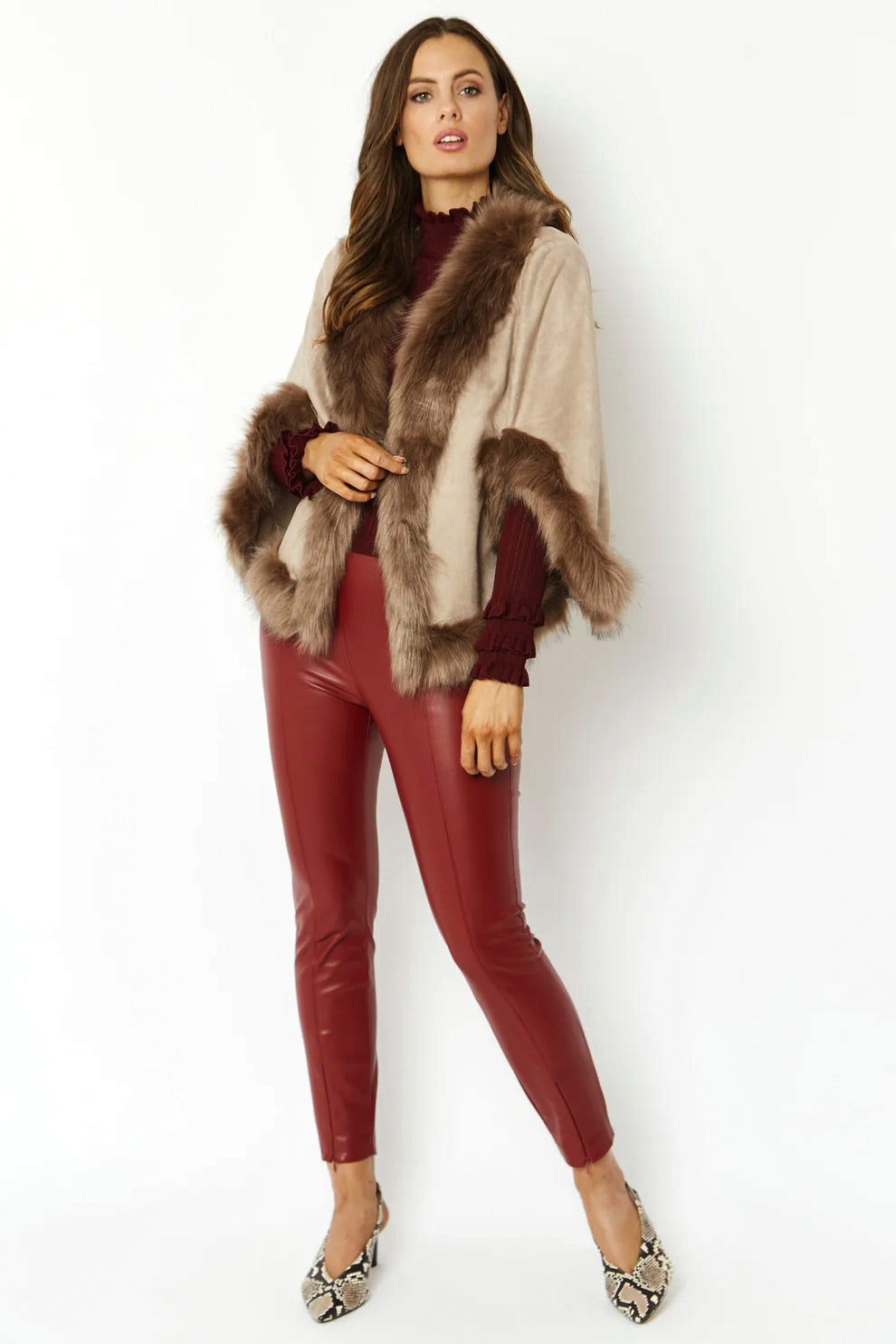 Mocha Faux Fur Suede Cape Jacket-Clothing - Women-Buy Me Fur Ltd-One Size-Mocha-Faux Suede-Urbanheer