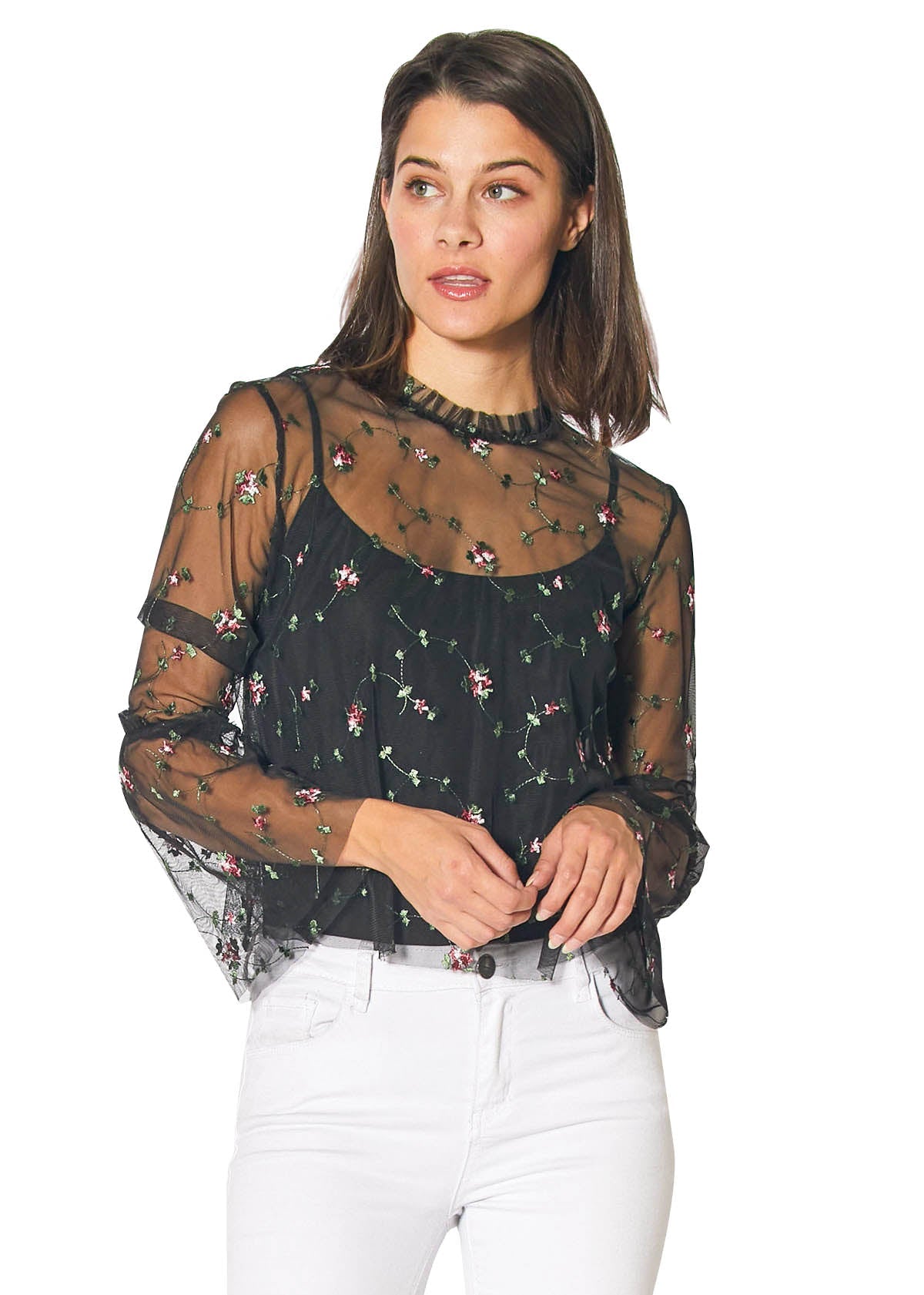 Sheer Blouse With Floral Embroidery in Black – Urbanheer