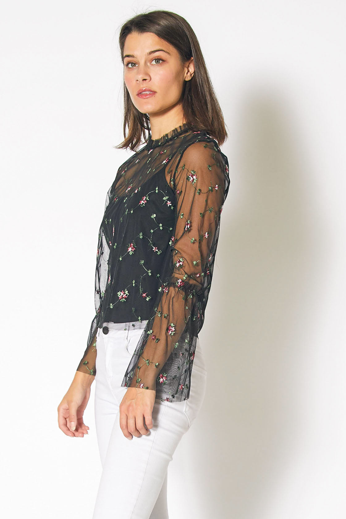 Sheer Blouse With Floral Embroidery in Black – Urbanheer