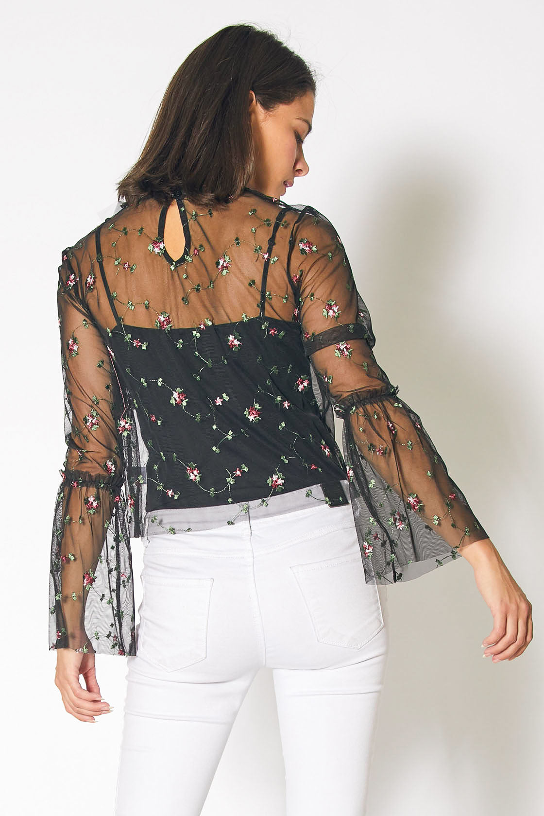 Sheer Blouse With Floral Embroidery in Black – Urbanheer