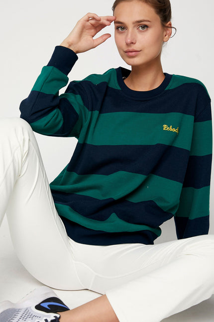 Embroidered Rebody Rugby Striped Sweatshirt Sustainable-Clothing - Women-rebody-Urbanheer