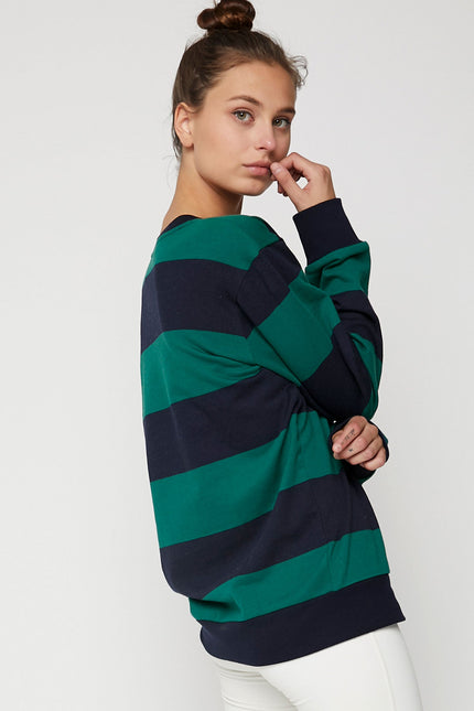 Embroidered Rebody Rugby Striped Sweatshirt Sustainable-Clothing - Women-rebody-Urbanheer